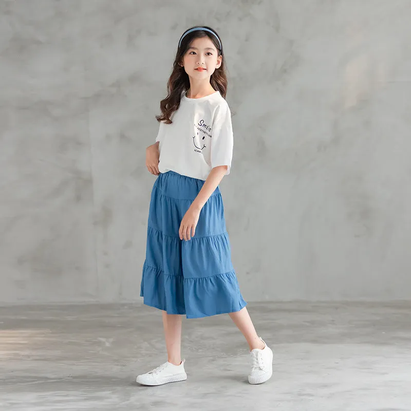 印花上衣/ 牛仔裤裙 Printed Tee/ Denim Blue Tiered Culottes