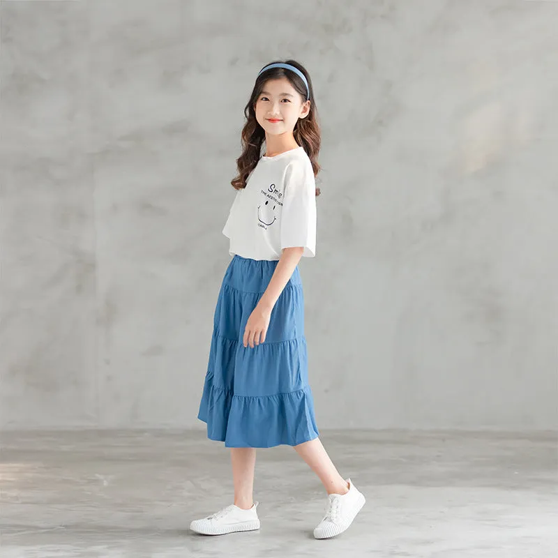 印花上衣/ 牛仔裤裙 Printed Tee/ Denim Blue Tiered Culottes