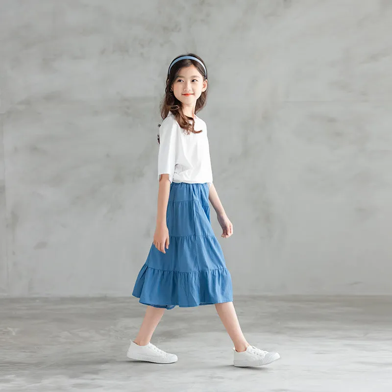 印花上衣/ 牛仔裤裙 Printed Tee/ Denim Blue Tiered Culottes