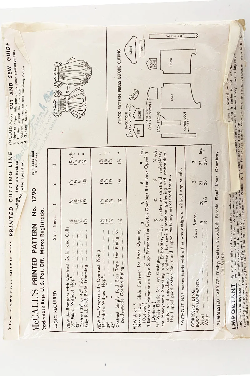 1953 Vintage McCalls 1790 Toddler Smocked Romper Sewing Pattern