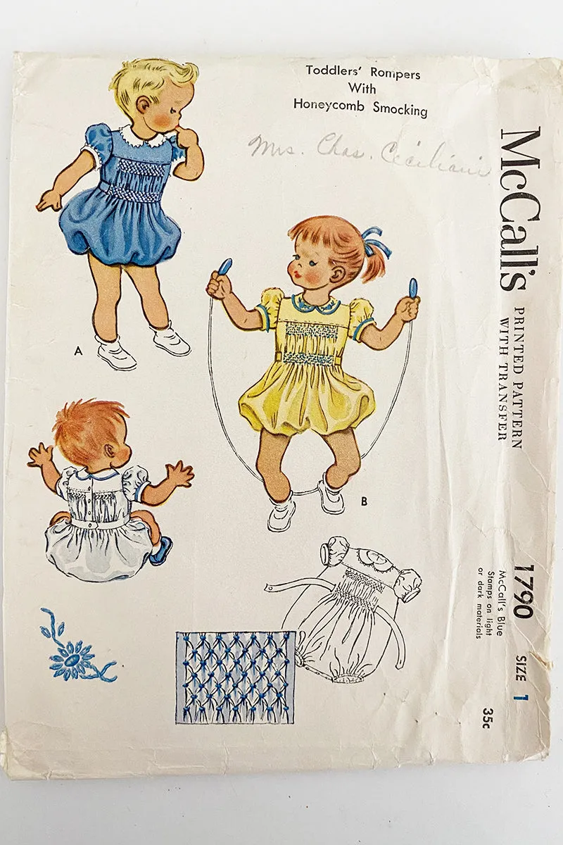 1953 Vintage McCalls 1790 Toddler Smocked Romper Sewing Pattern