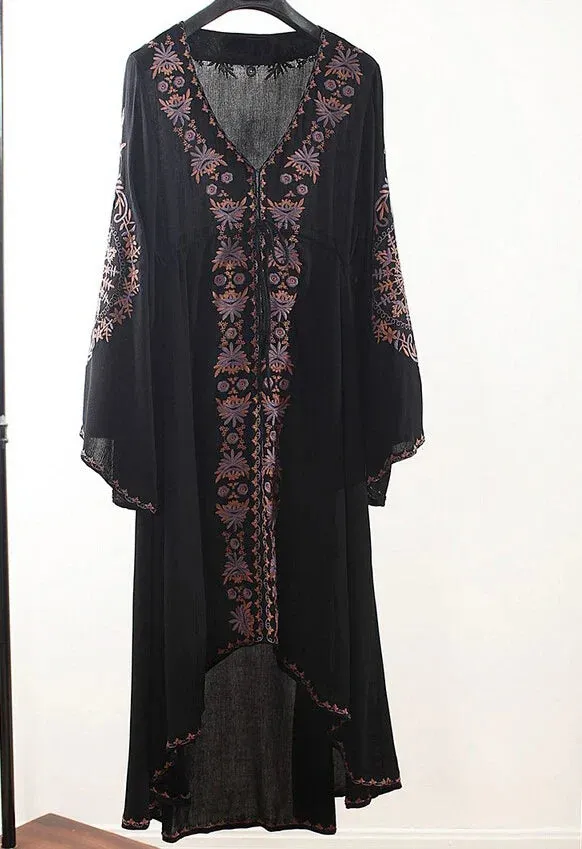 2024 Floral Embroidered Cotton Long Boho Dress for Women