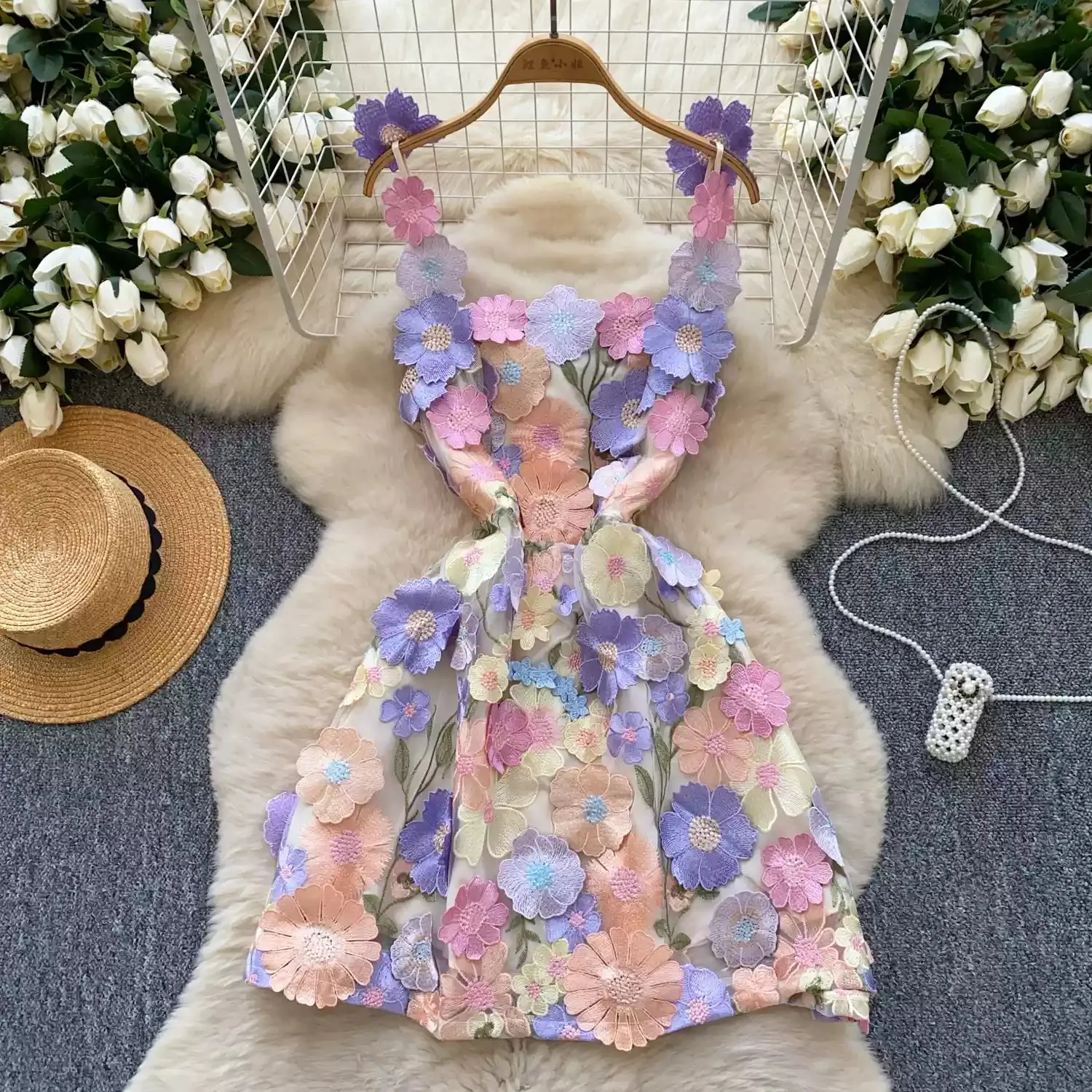 3D Embroidered Flower Slip Dress