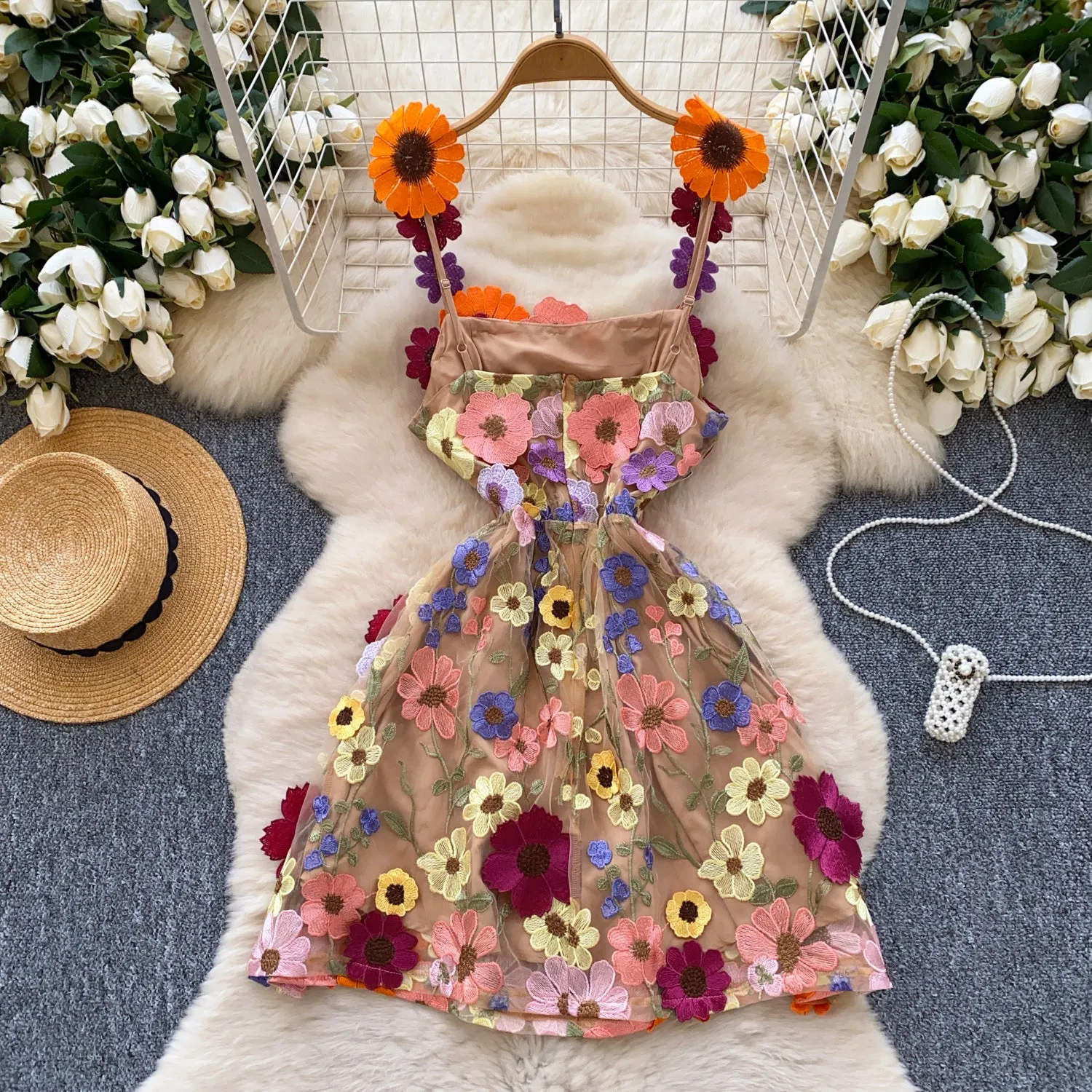 3D Embroidered Flower Slip Dress