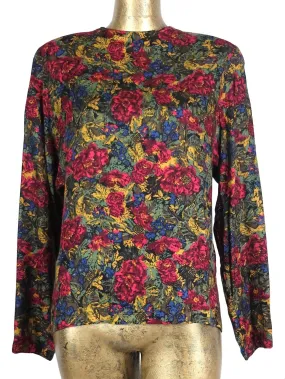 70s Mod Romantic Bohemian Floral Long Sleeve Blouse with Shoulder Pads