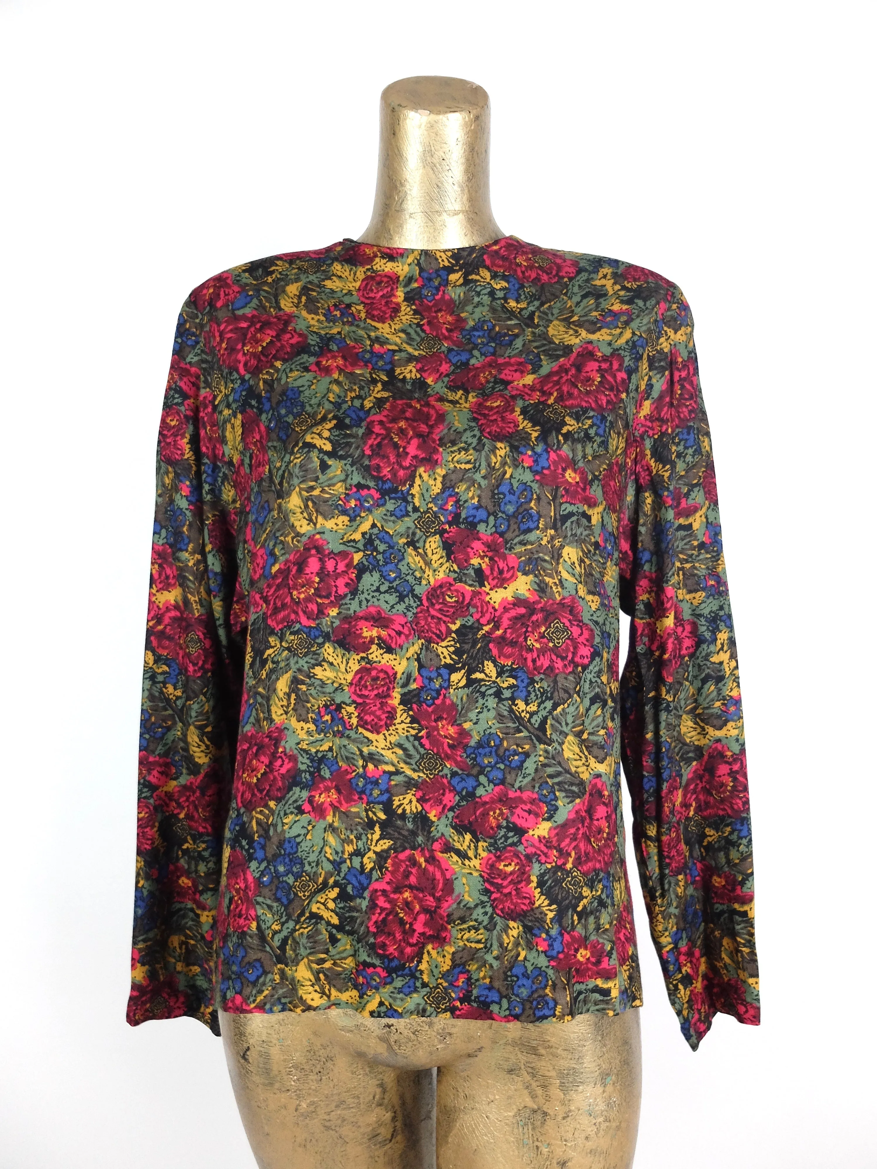 70s Mod Romantic Bohemian Floral Long Sleeve Blouse with Shoulder Pads