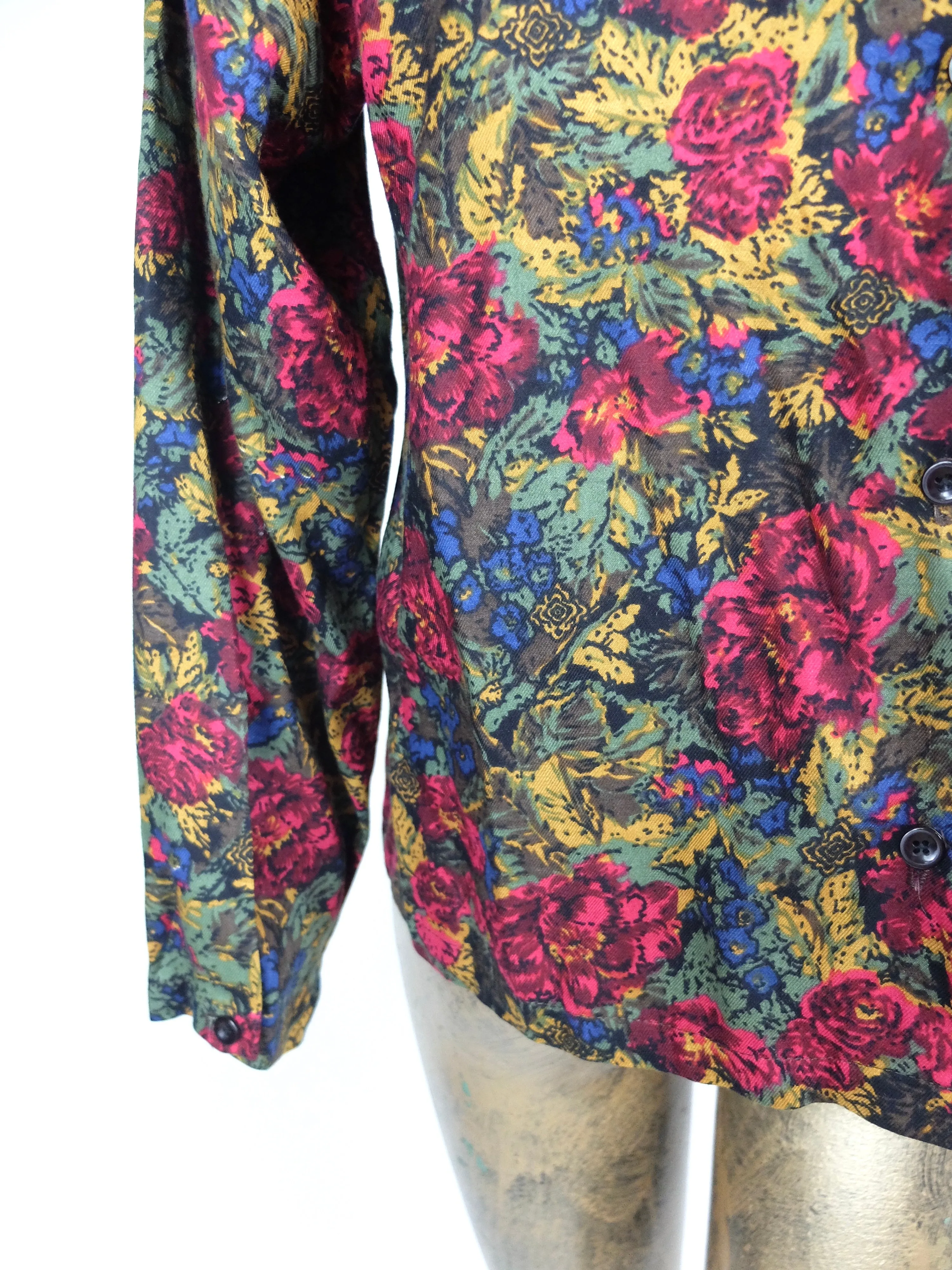 70s Mod Romantic Bohemian Floral Long Sleeve Blouse with Shoulder Pads