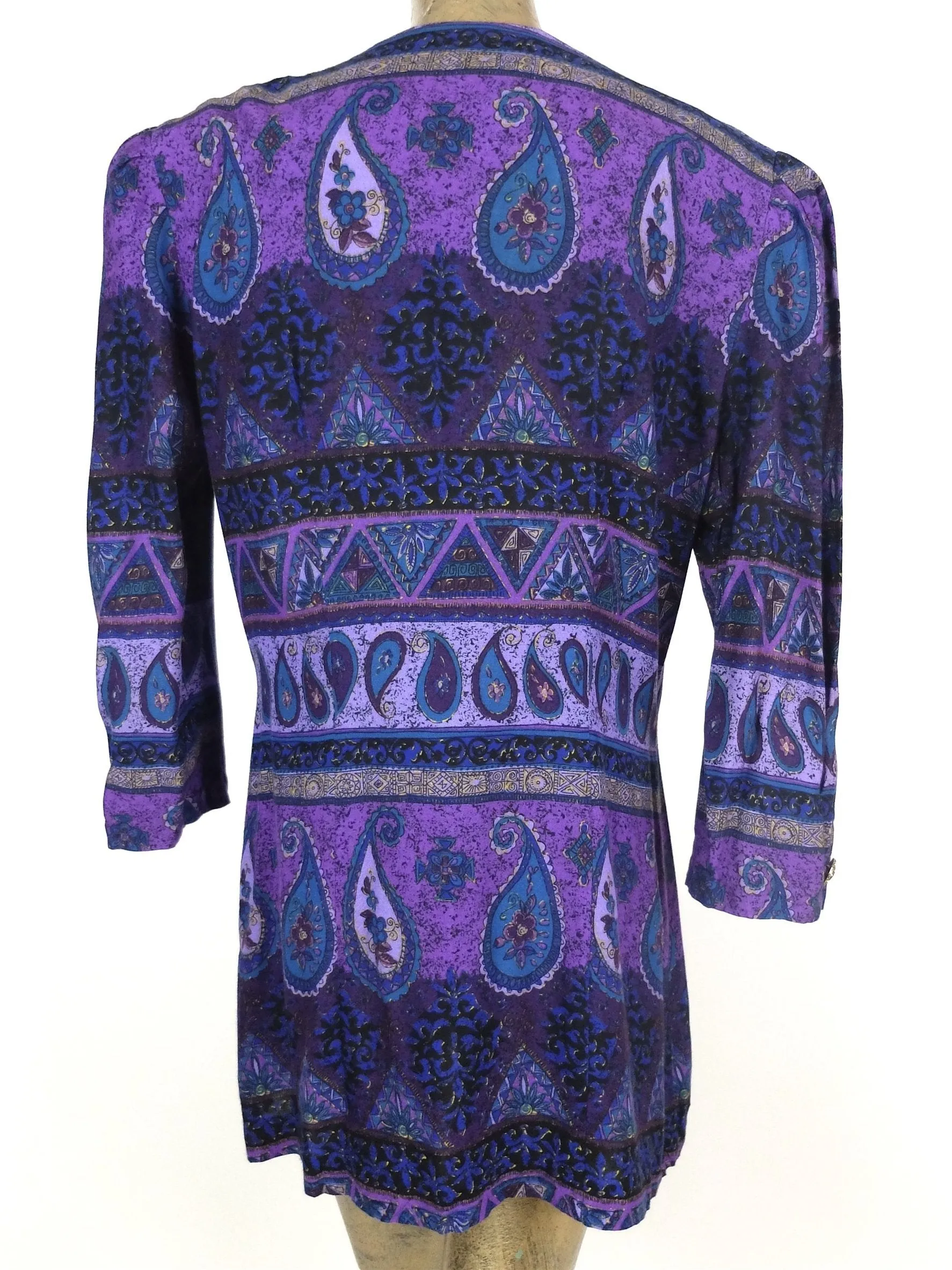 80s Bright Purple Abstract Paisley Print 3/4 Sleeve Button Up Blouse