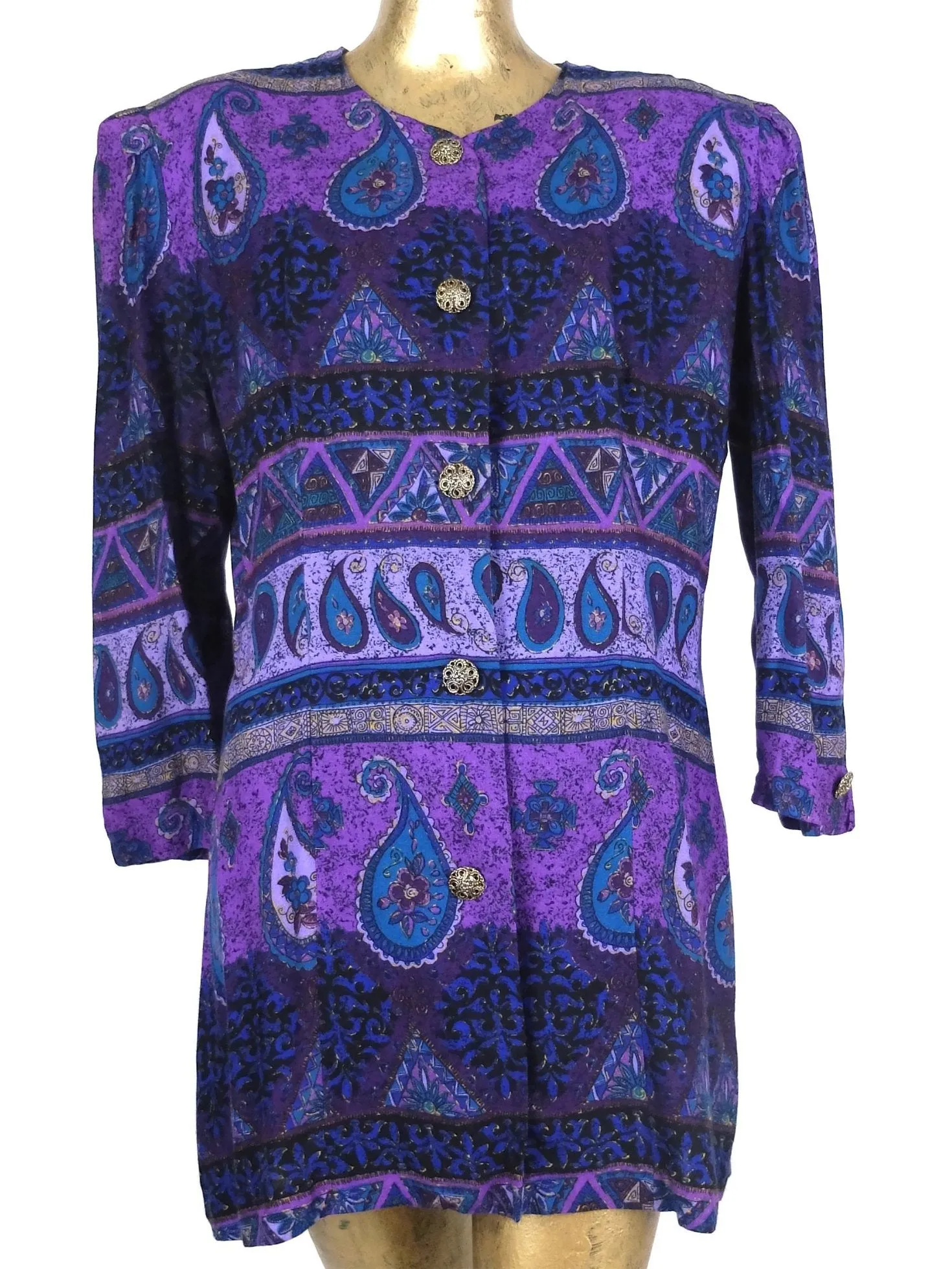 80s Bright Purple Abstract Paisley Print 3/4 Sleeve Button Up Blouse