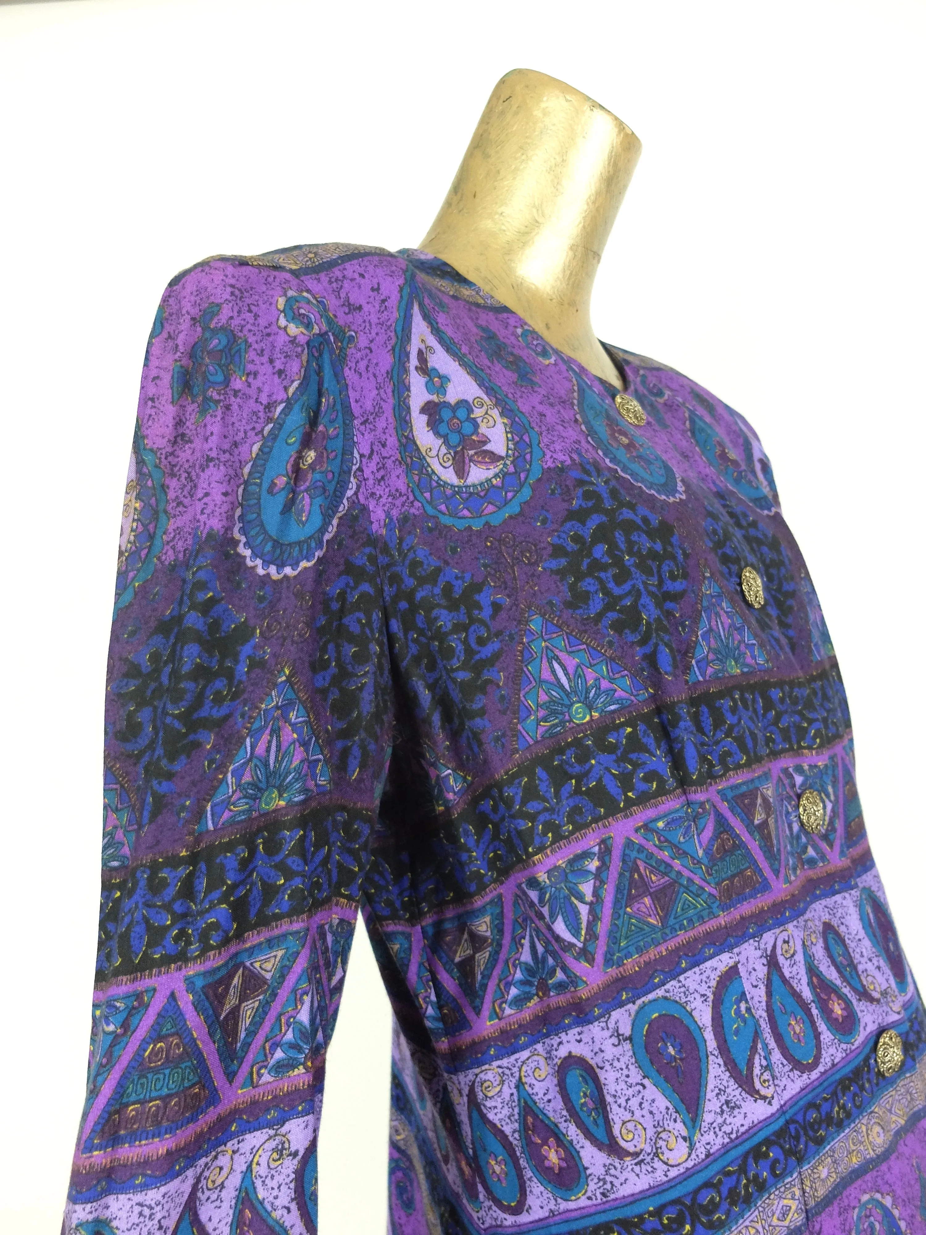 80s Bright Purple Abstract Paisley Print 3/4 Sleeve Button Up Blouse