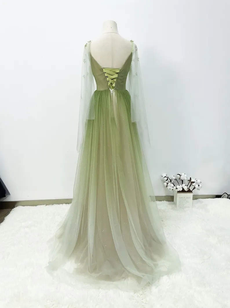 A-line Gradient Green Prom Gown, Soft Glitter Tulle Party Dress     fg4554