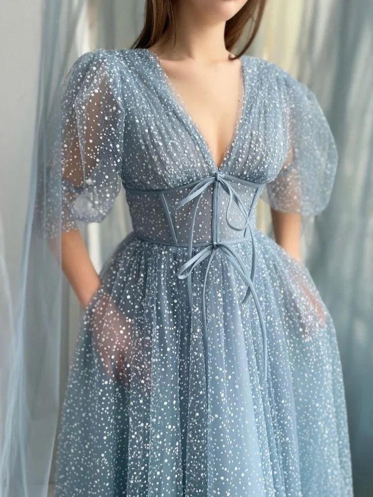 A line Tea Length Gray Blue Prom Dress, Gray Blue Formal Wedding Party Dress     fg5298