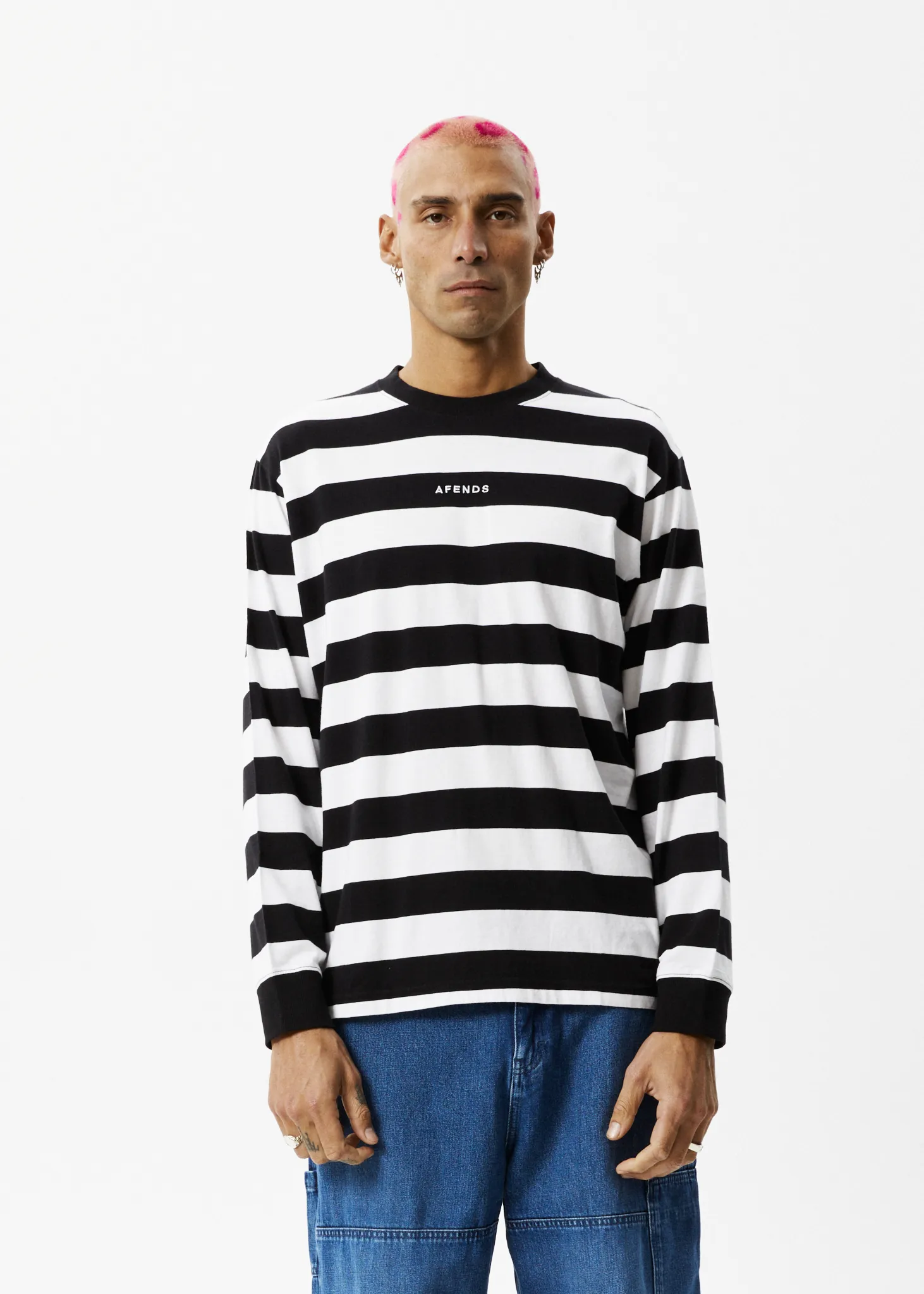 AFENDS Mens Needle - Striped Long Sleeve Logo T-Shirt - Black Stripe