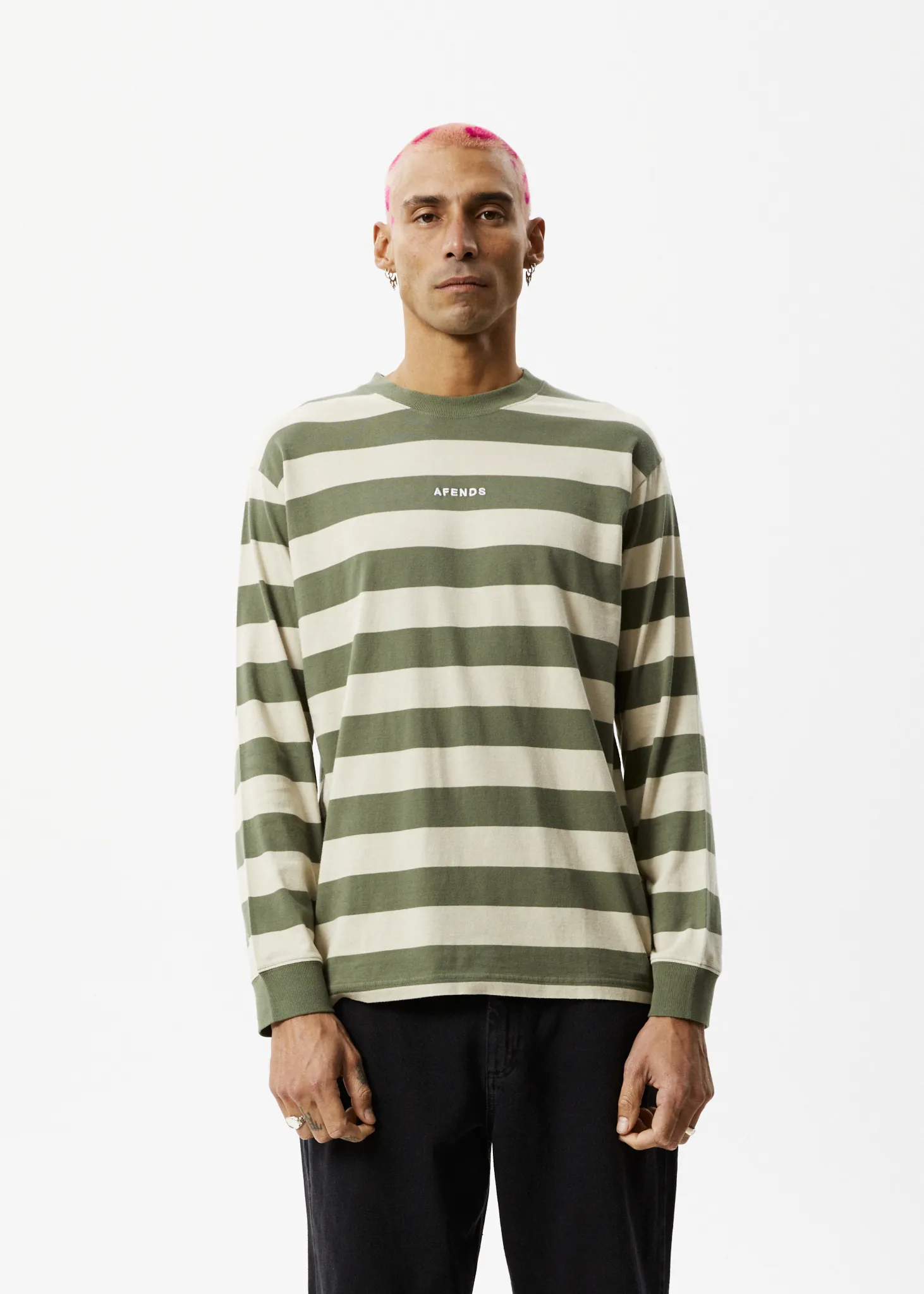 AFENDS Mens Needle - Striped Long Sleeve Logo T-Shirt - Cypress Stripe