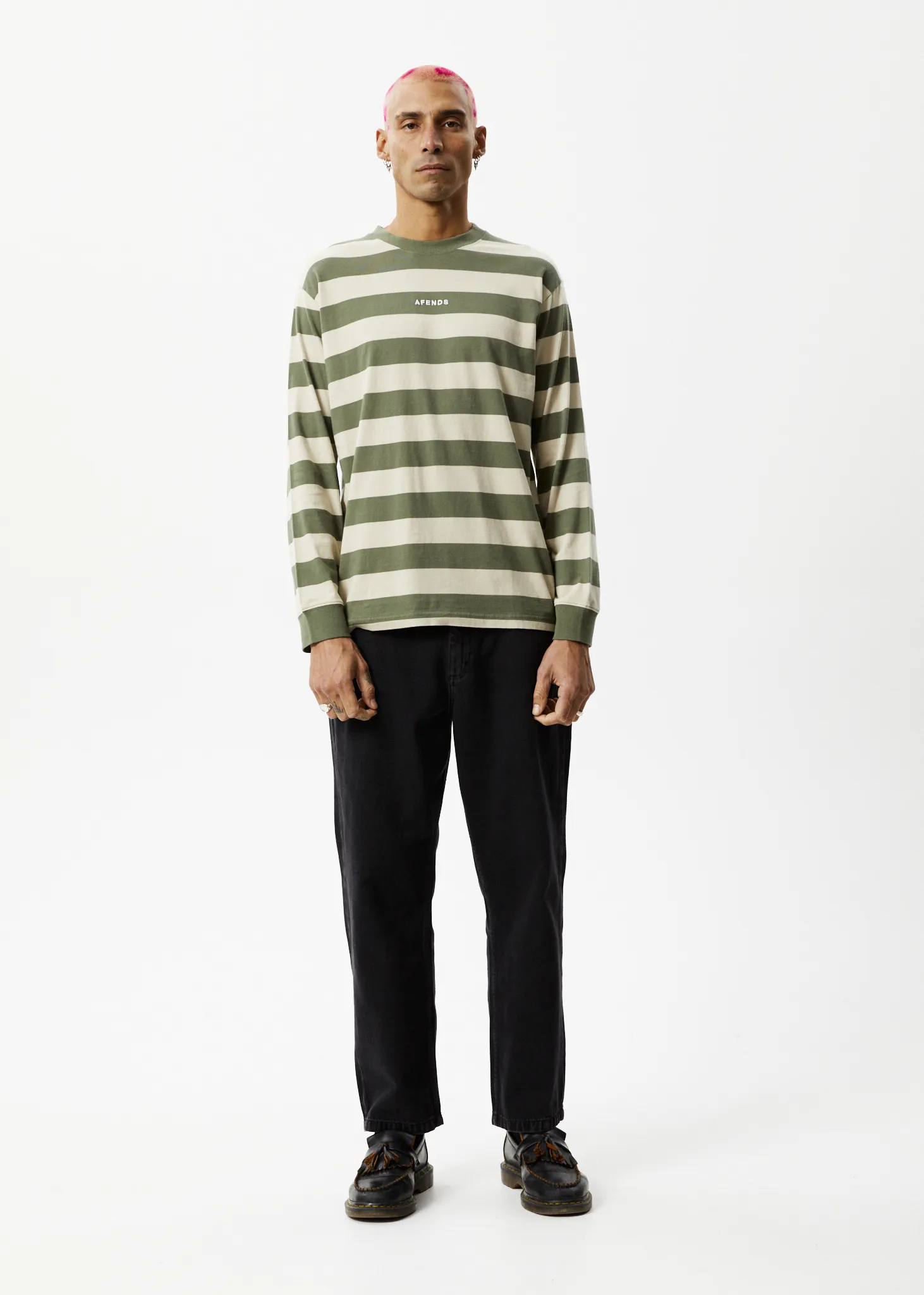 AFENDS Mens Needle - Striped Long Sleeve Logo T-Shirt - Cypress Stripe