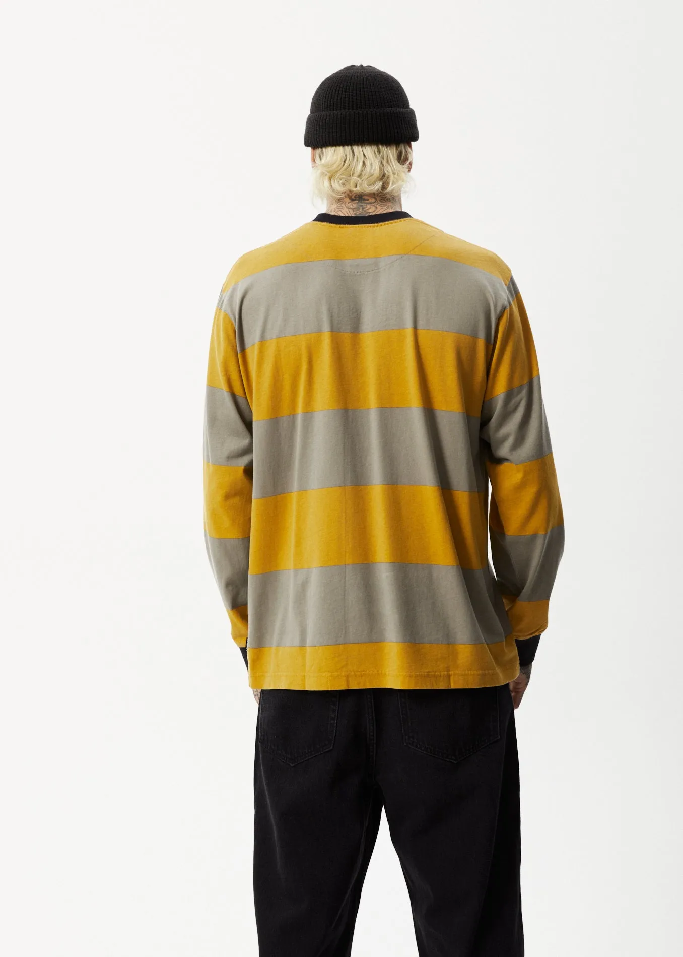 AFENDS Mens Space - Striped Long Sleeve Logo T-Shirt - Mustard Stripe