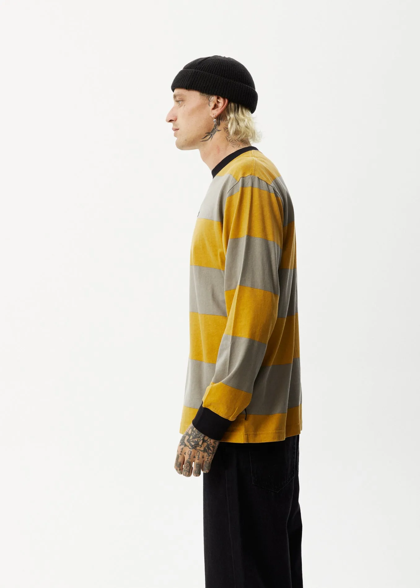 AFENDS Mens Space - Striped Long Sleeve Logo T-Shirt - Mustard Stripe