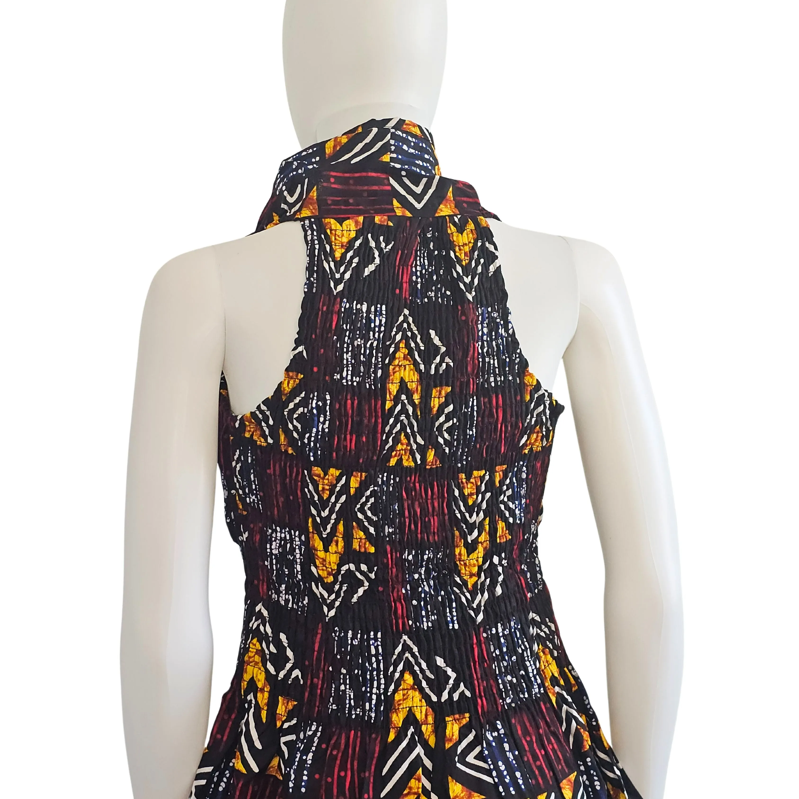 African Ankara Style Print Long Smocked Maxi Sundress with Headwrap