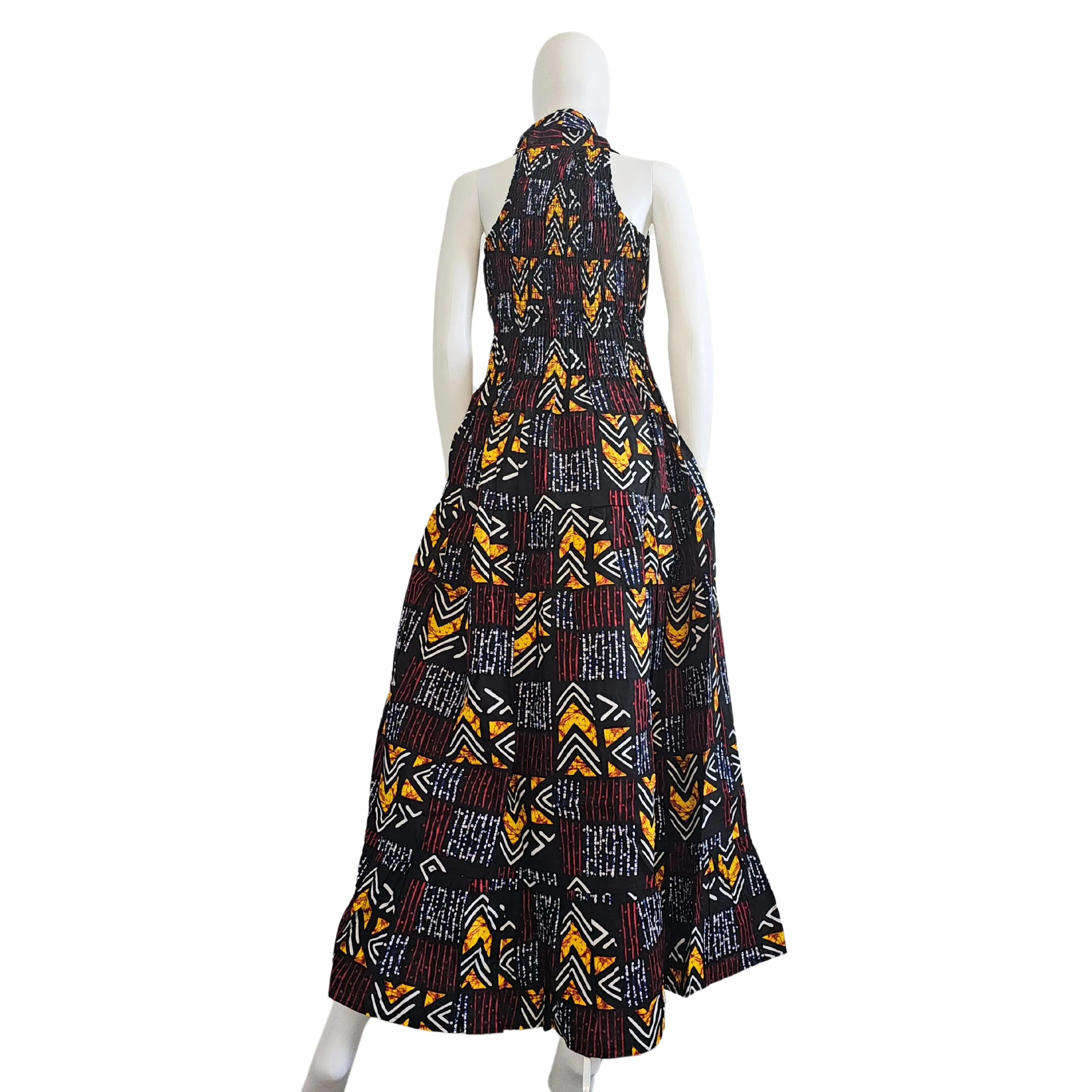 African Ankara Style Print Long Smocked Maxi Sundress with Headwrap