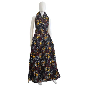 African Ankara Style Print Long Smocked Maxi Sundress with Headwrap