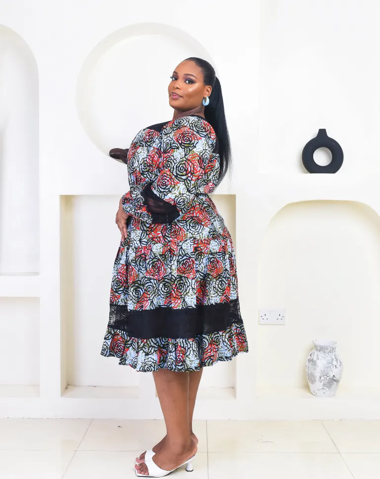 African Floral Print with Chantily Lace Combo Midi Dress - Seyi