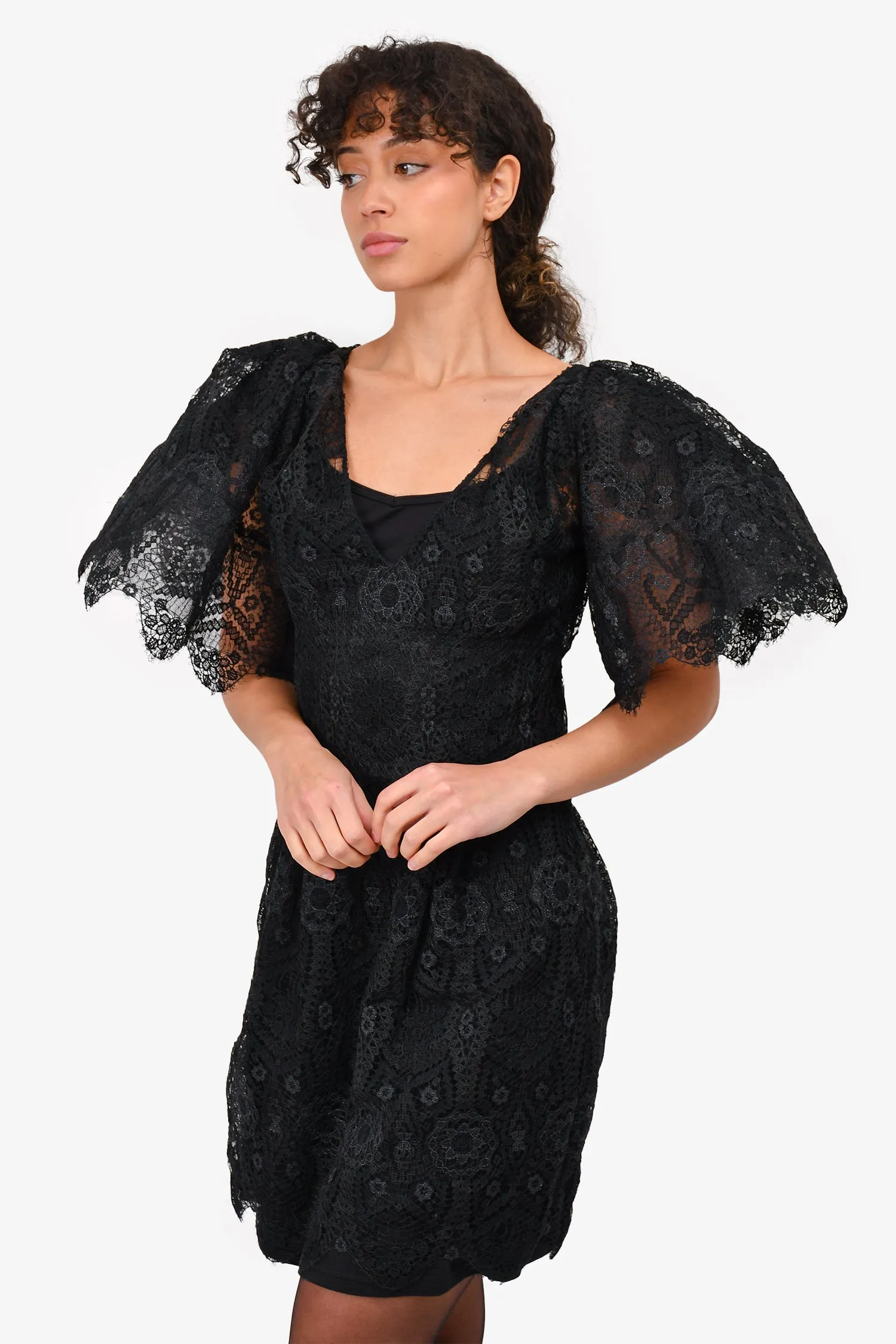 Alberta Ferretti Black Eyelet Lace Puff Sleeve Sheer Mini Dress Size 4 US