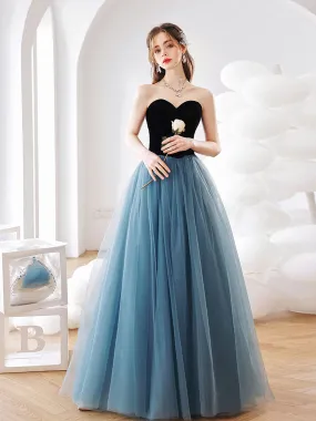 Aline Blue Tulle Long Prom Dress, Blue Long Graduation Dresses