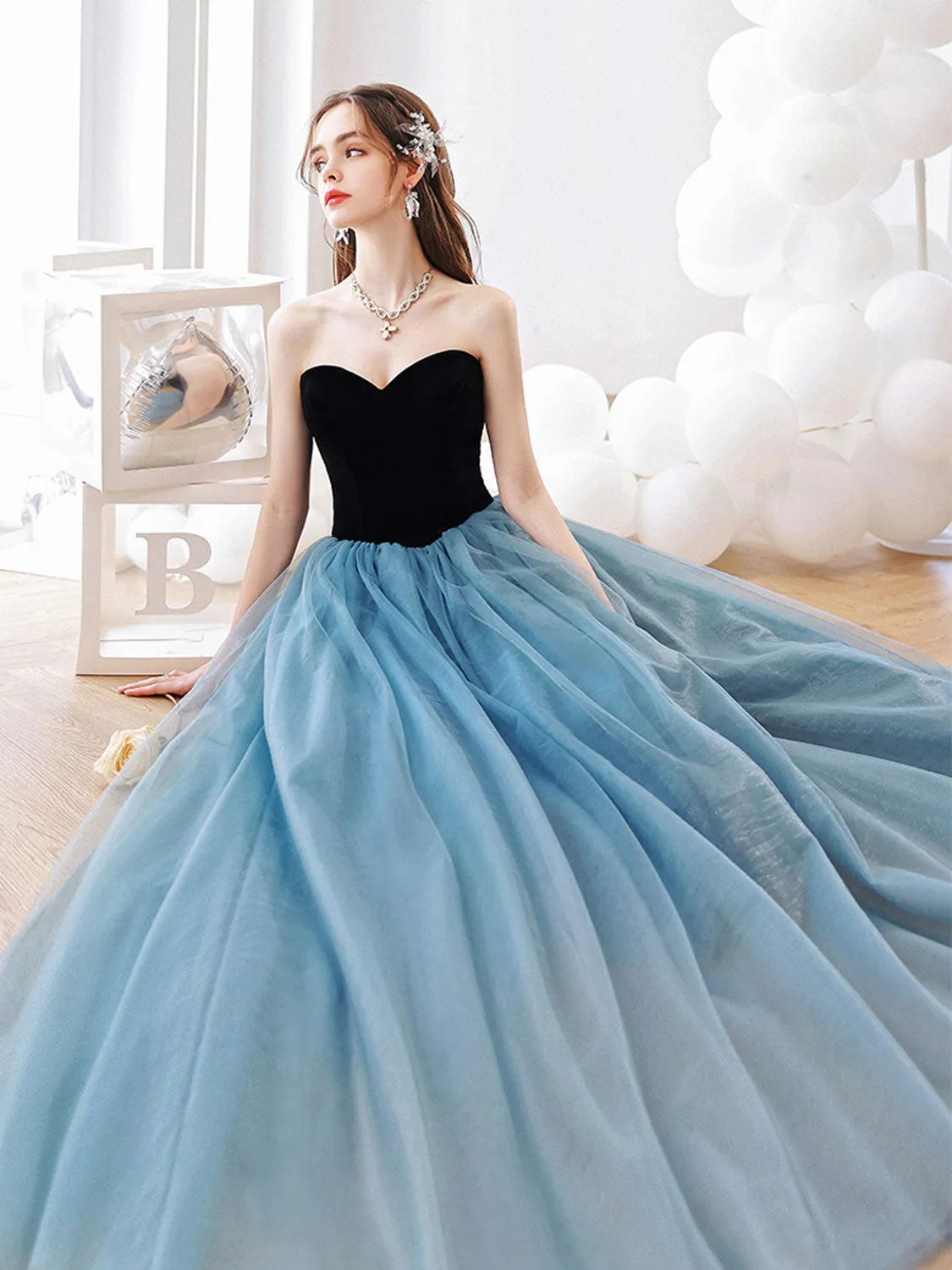 Aline Blue Tulle Long Prom Dress, Blue Long Graduation Dresses