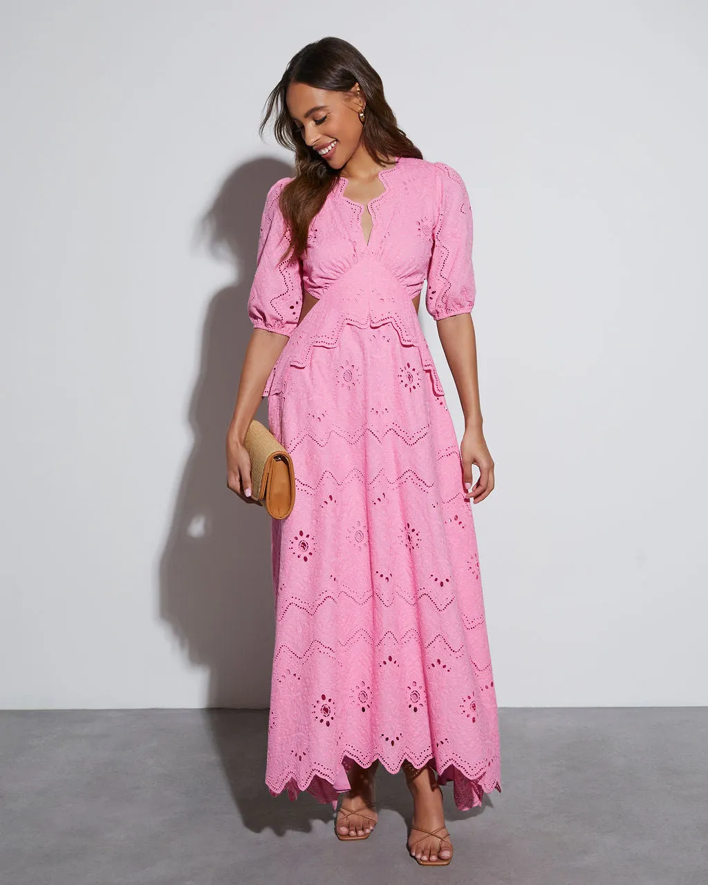 Anisa Eyelet Puff Sleeve Cutout Maxi Dress