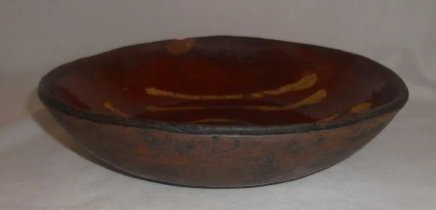 Antique Brown Colored Redware Glazed and Slip Decorated Deep Dish