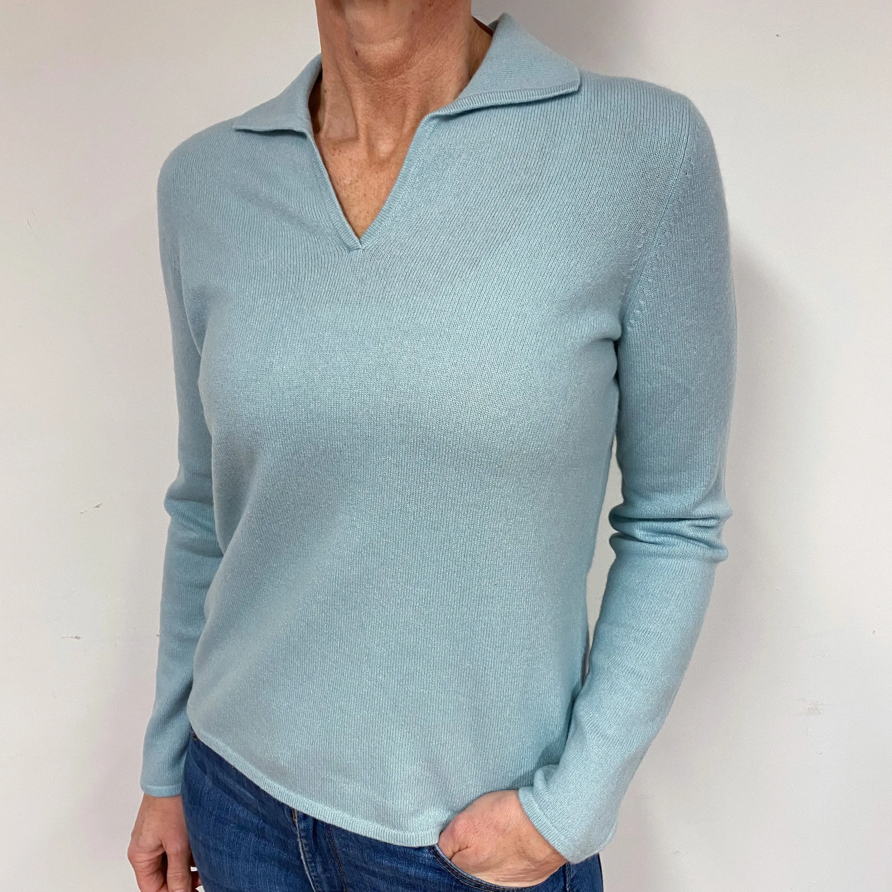 Aqua Blue Cashmere Collared V-Neck Jumper Medium