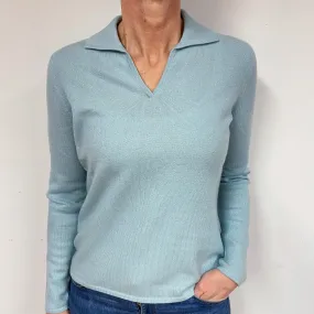 Aqua Blue Cashmere Collared V-Neck Jumper Medium