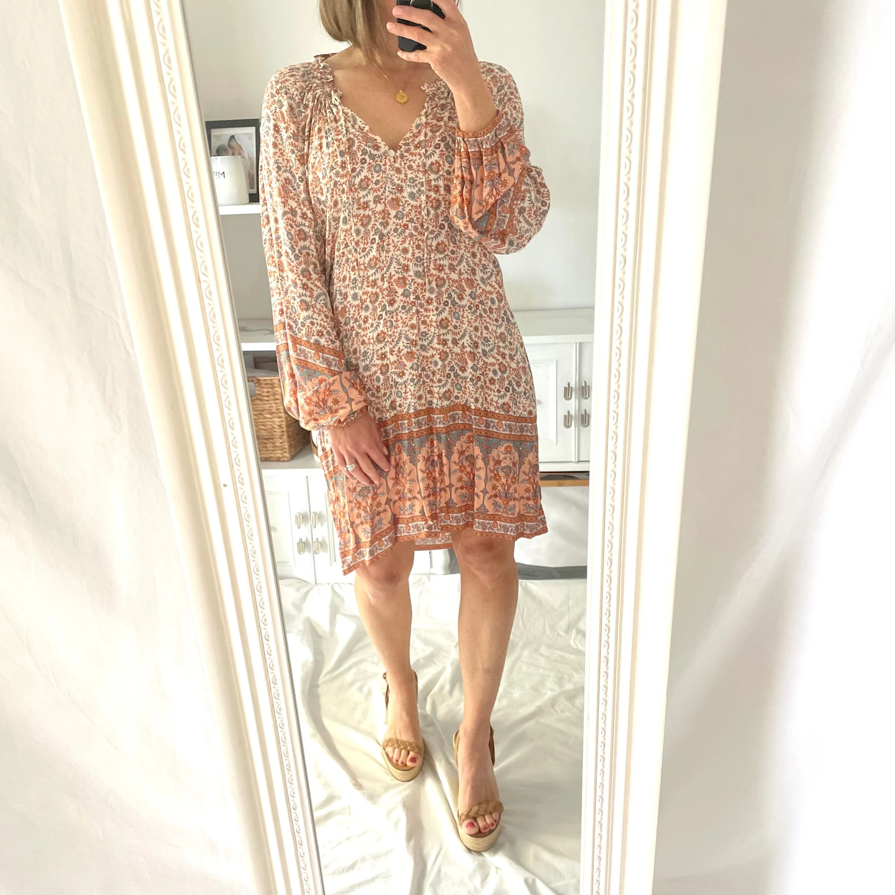 Arnhem Size 8 Long Sleeve Short Dress Paisley RRP $169 Boho Floral Beige