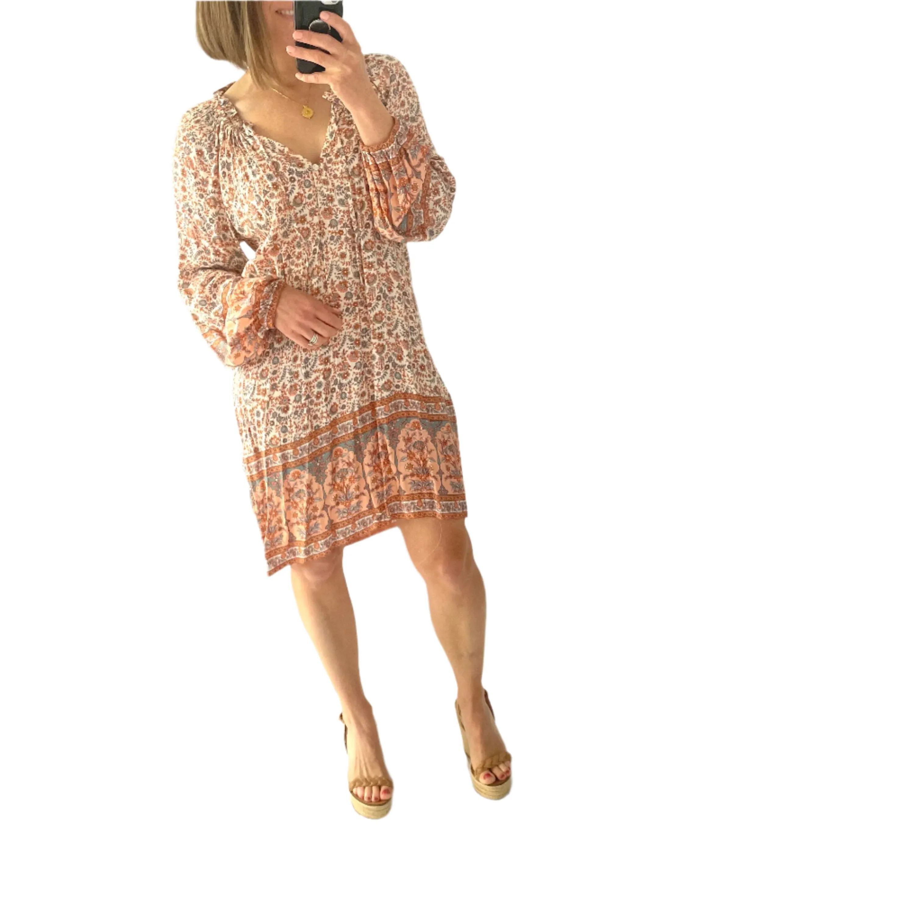 Arnhem Size 8 Long Sleeve Short Dress Paisley RRP $169 Boho Floral Beige