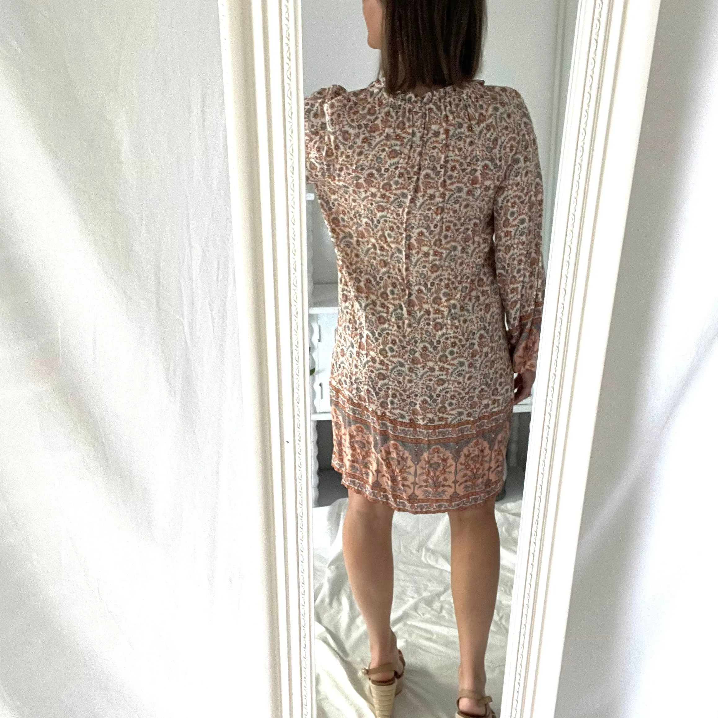 Arnhem Size 8 Long Sleeve Short Dress Paisley RRP $169 Boho Floral Beige