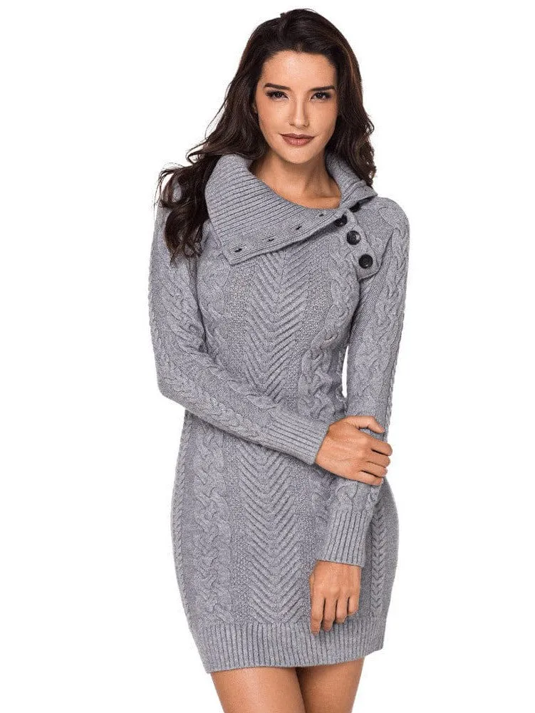 Asymmetric Button Cable Knit Long Sleeve Midi Sweater Dress