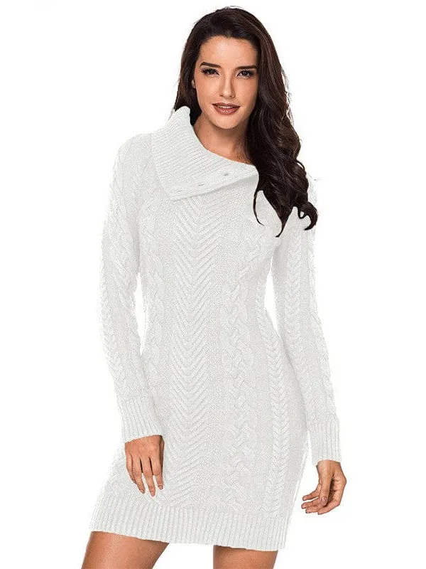 Asymmetric Button Cable Knit Long Sleeve Midi Sweater Dress