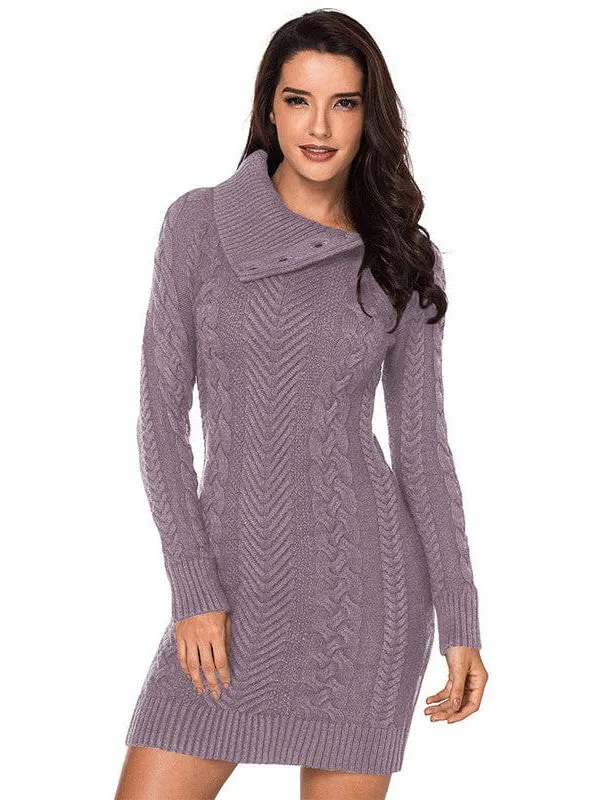 Asymmetric Button Cable Knit Long Sleeve Midi Sweater Dress