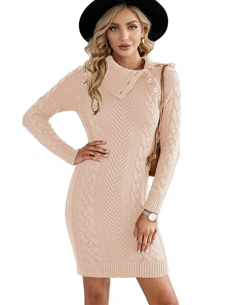 Asymmetric Button Cable Knit Long Sleeve Midi Sweater Dress