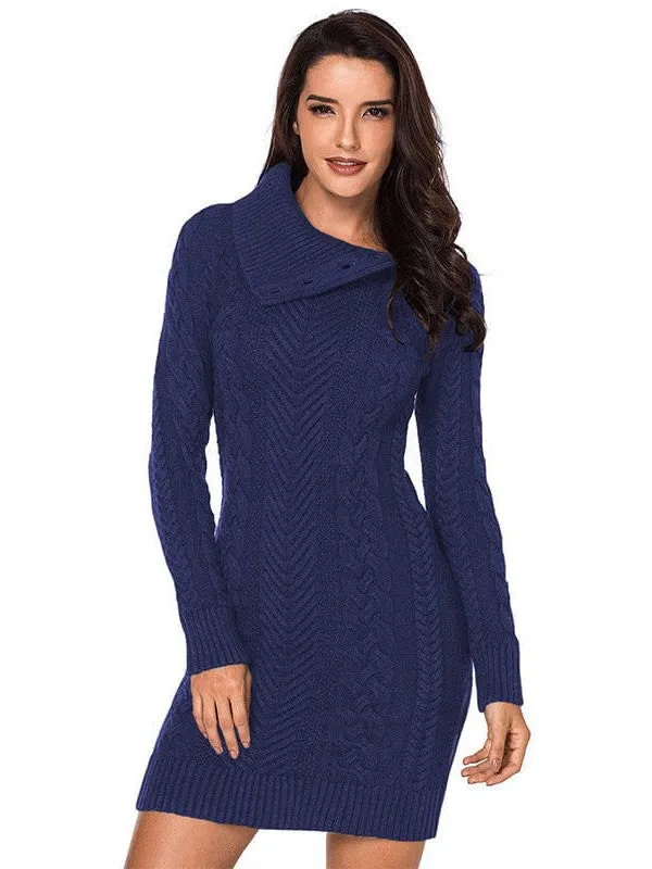 Asymmetric Button Cable Knit Long Sleeve Midi Sweater Dress