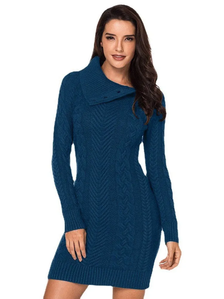 Asymmetric Button Cable Knit Long Sleeve Midi Sweater Dress