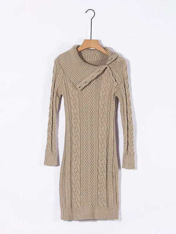 Asymmetric Button Cable Knit Long Sleeve Midi Sweater Dress