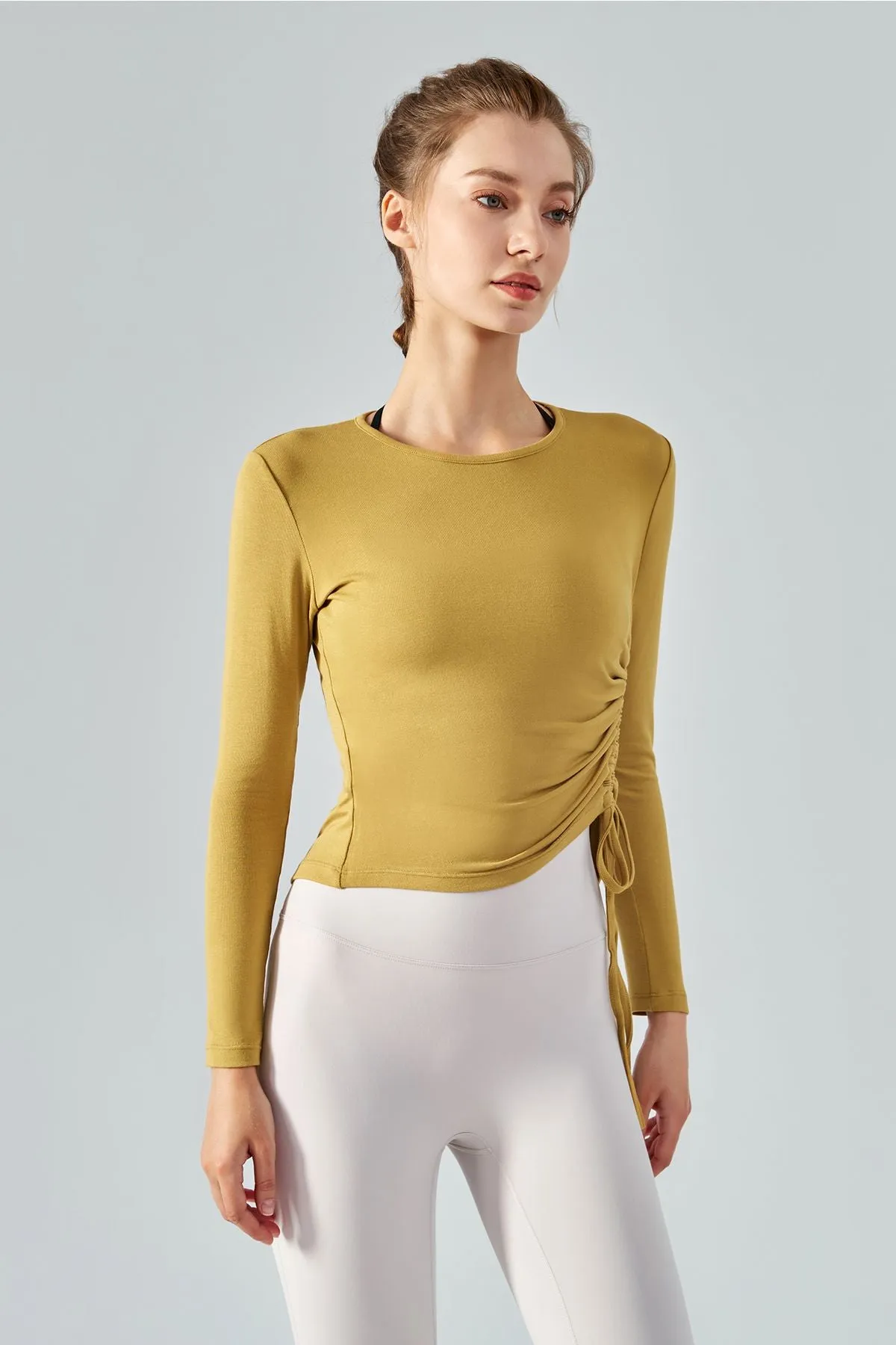 Asymmetrical Hem Long Sleeve Tops with Drawstring