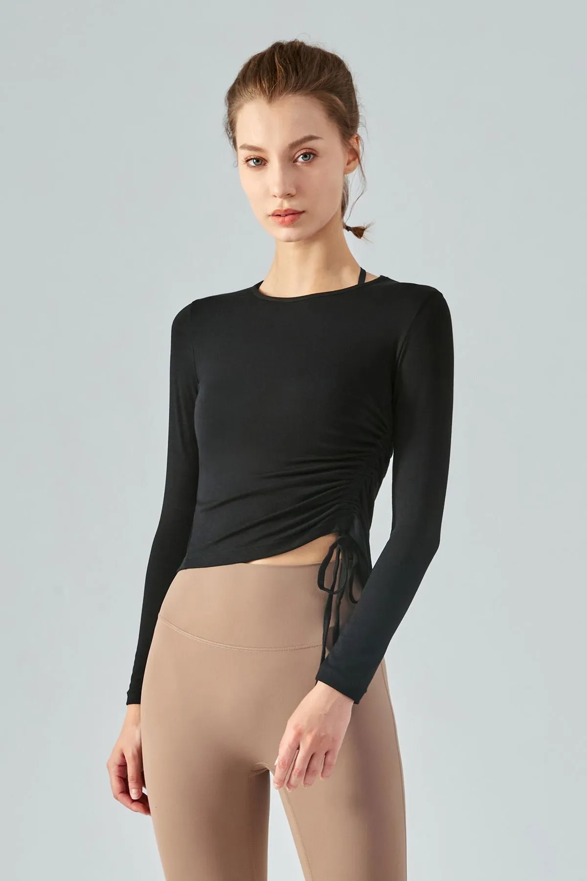 Asymmetrical Hem Long Sleeve Tops with Drawstring