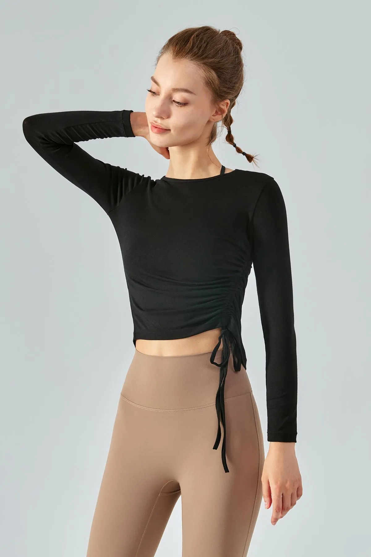 Asymmetrical Hem Long Sleeve Tops with Drawstring