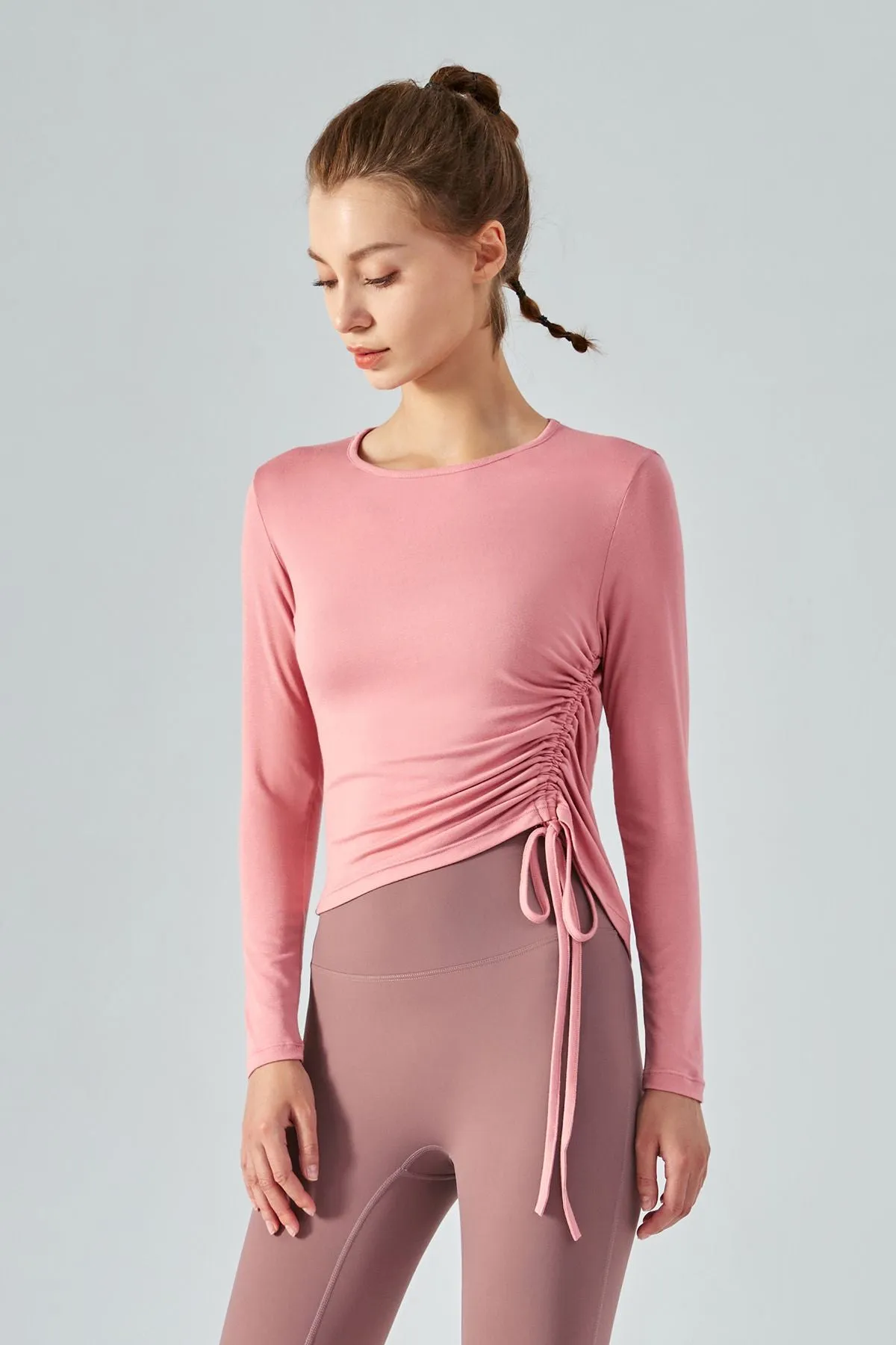 Asymmetrical Hem Long Sleeve Tops with Drawstring