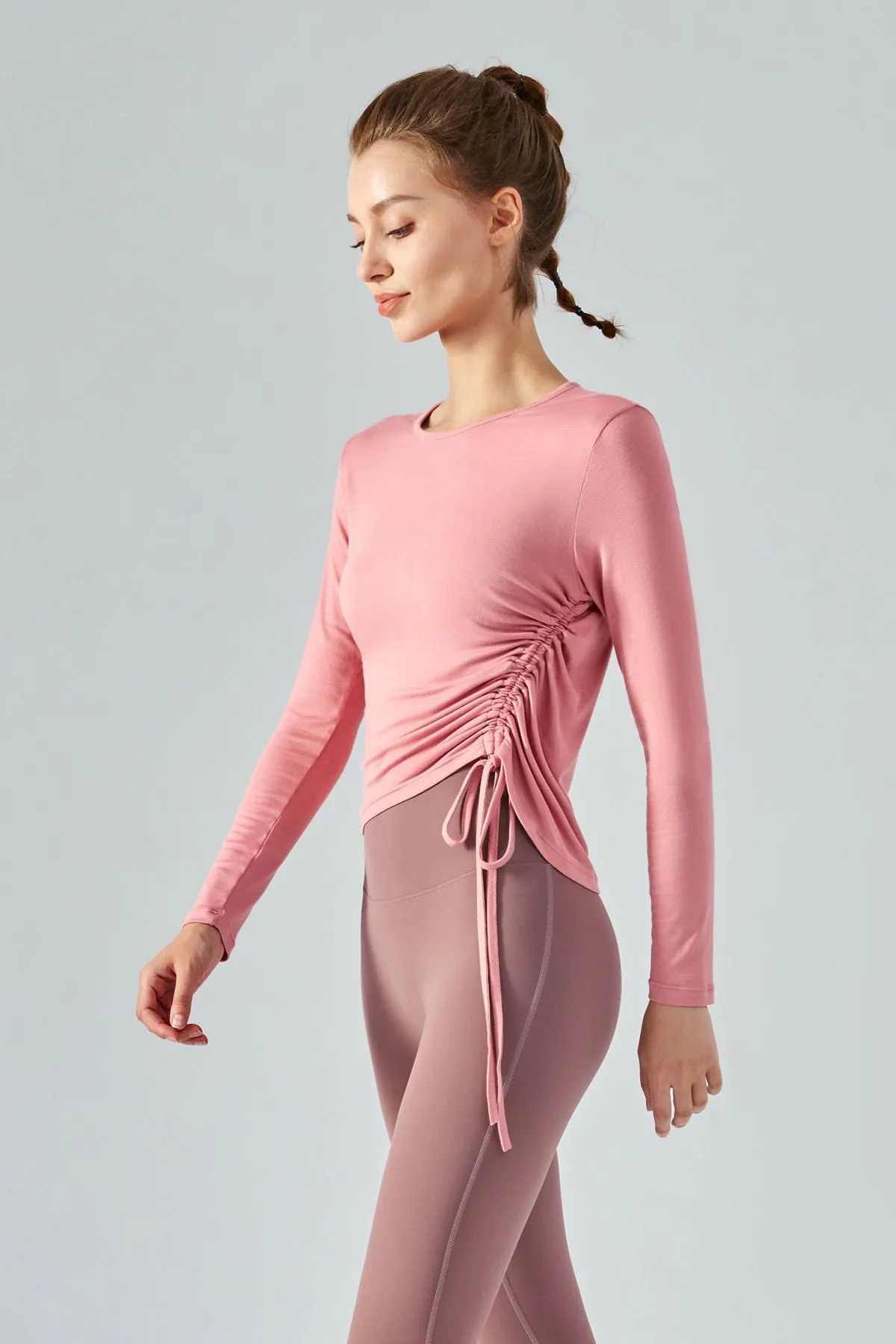 Asymmetrical Hem Long Sleeve Tops with Drawstring