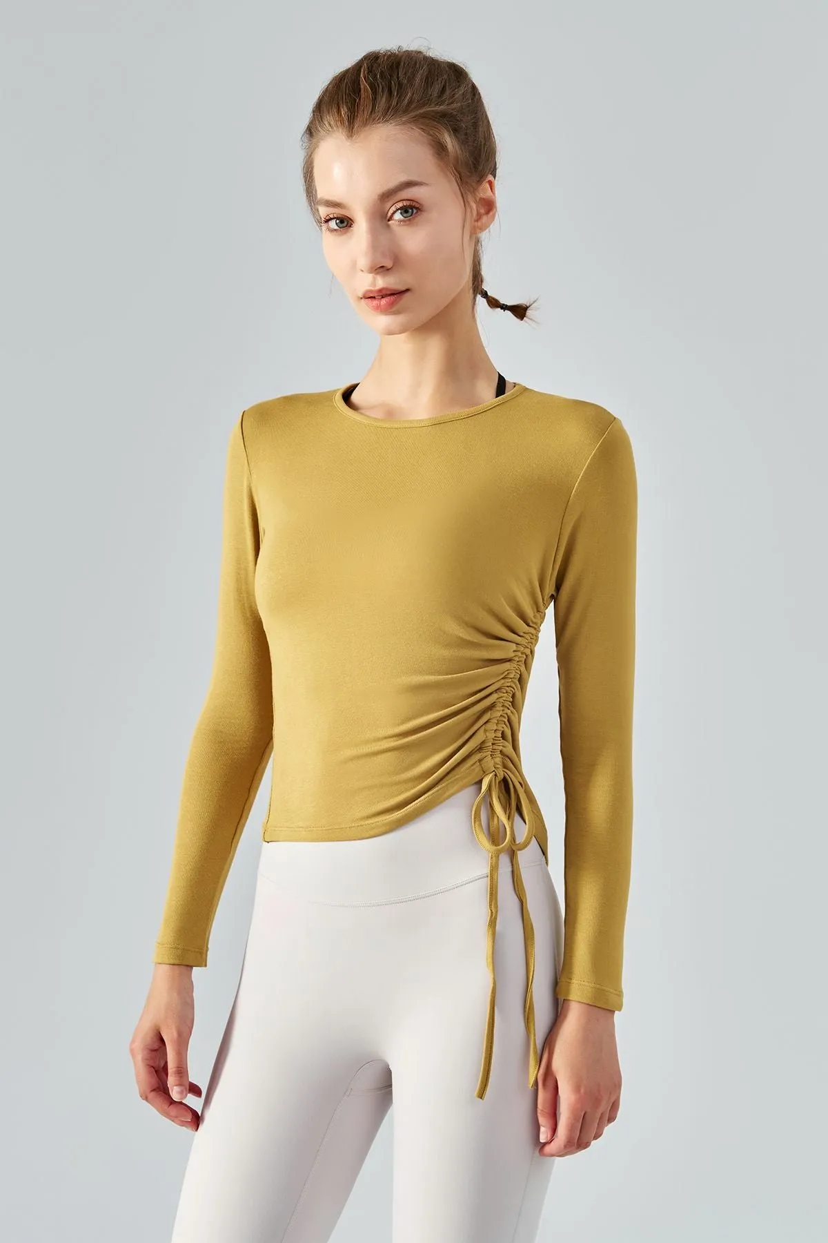 Asymmetrical Hem Long Sleeve Tops with Drawstring