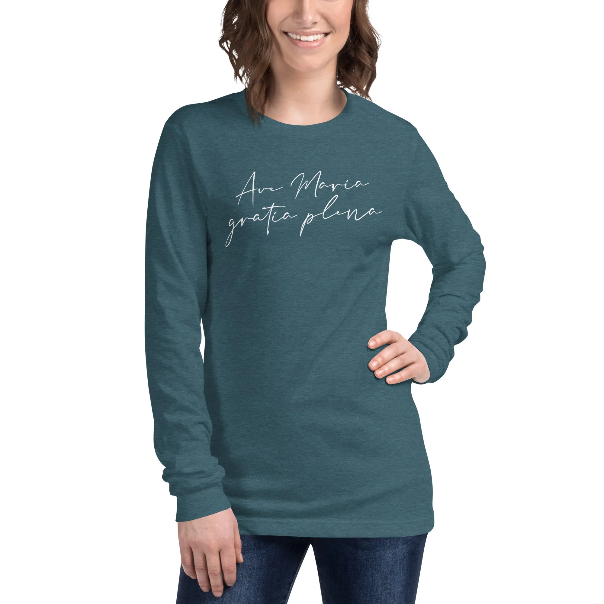 Ave Maria Catholic t-shirt, Unisex Jersey Long Sleeve Tee, Gray