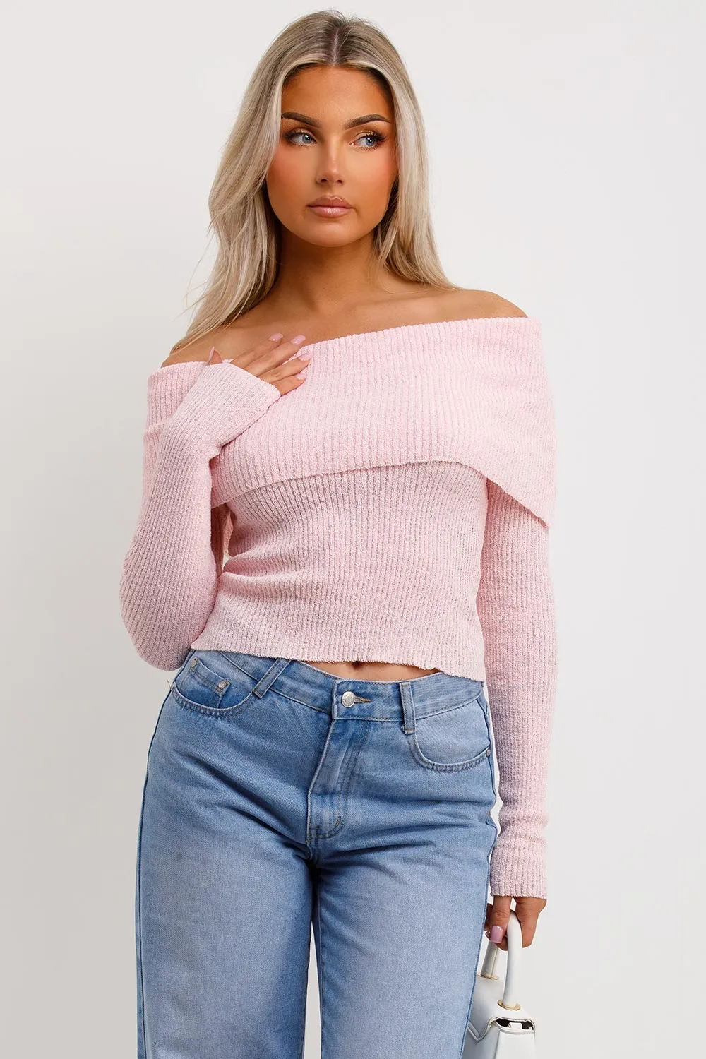 Bardot Jumper With Fold Over Detail Pink